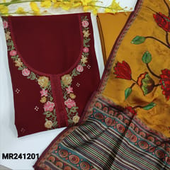 CODE MR241201 : Dark maroon premium silk cotton unstitched salwar material,embroidery work on yoke,sequins work on front(soft,lining needed)golden piping on daman,mahandi yellow silk cotton bottom,pure dola silk short width printed dupatta with tapings.