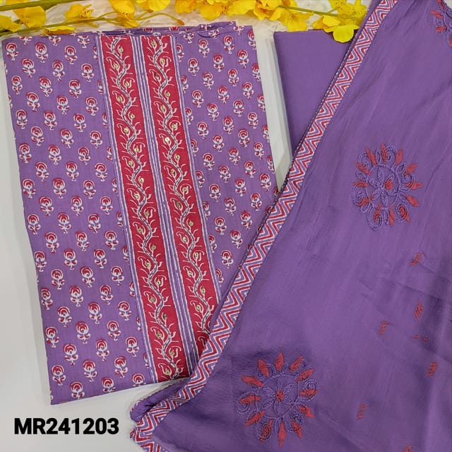 CODE MR241203 : Purple with pink pure cotton unstitched salwar material,sequins work on yoke,printed all over(lining optional)matching cotton bottom,pure chiffon embroidered&brush paint dupatta with tapings.