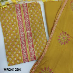 CODE MR241204 : Dark fenugreek yellow pure cotton unstitched salwar material,sequins work on yoke,printed all over(lining optional)matching cotton bottom,pure chiffon embroidered&brush paint dupatta with tapings.
