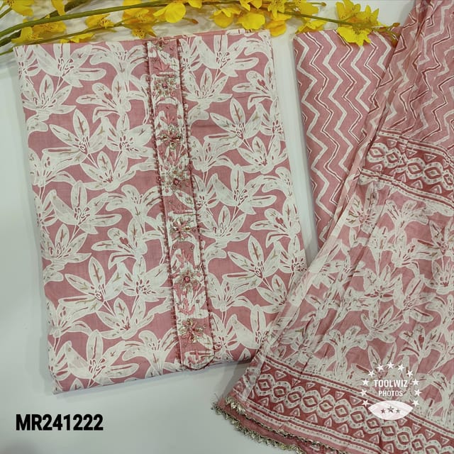 CODE MR241222 : Pastel pink soft cotton unstitched salwar material,bead&thread work on yoke,floral print all over(thin,lining needed)matching zig zag printed cotton bottom,soft crinkled pure cotton dupatta with kota lace tapins.