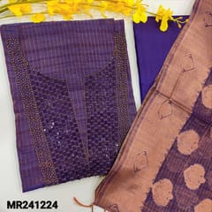 CODE MR241224 : Purple with copper tint tissue silk cotton unstitched salwar material,bead&sequins work on yoke(thin,lining needed)matching silk cotton bottom,soft tissue silk cotton dupata with zari buttas&borders with tassles(weaving design will vary).