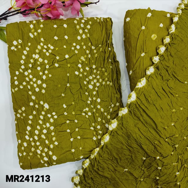 CODE MR241213 : Mehandi green pure cotton unstitched salwar material, original bandhani work all over (lining needed)matching original bandhini pure cotton bottom,bandhani dupatta with cut work edges.