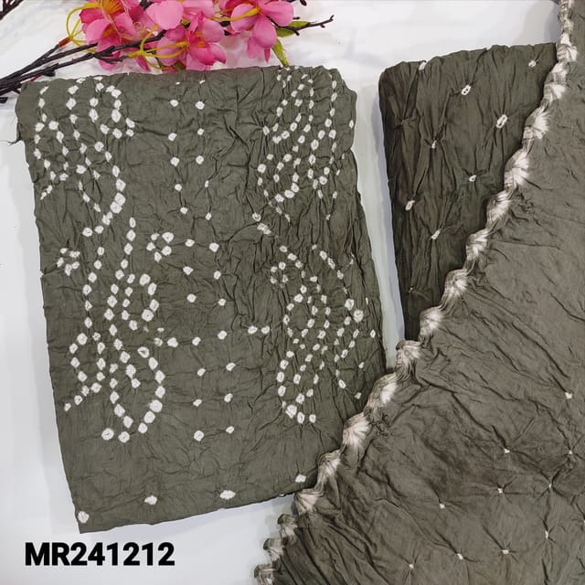 CODE MR241212 : Dark grey pure cotton unstitched salwar material, original bandhani work all over (lining needed)matching original bandhini pure cotton bottom,bandhani dupatta with cut work edges.