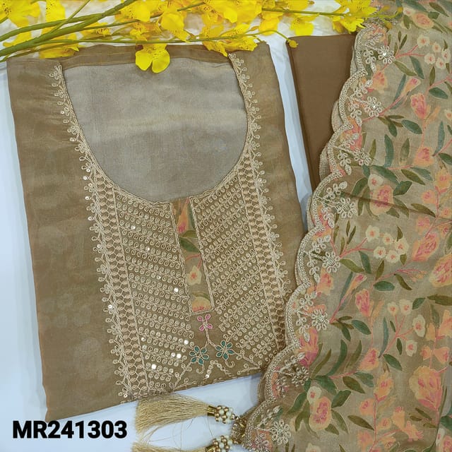 CODE MR241303 : Beige with golden tint pure tissue organza unstitched salwar material,zari & sequins work on yoke(lining needed)santoon bottom,tissue organza silk floral printed dupatta with fancy lace tapings&cut work edges.