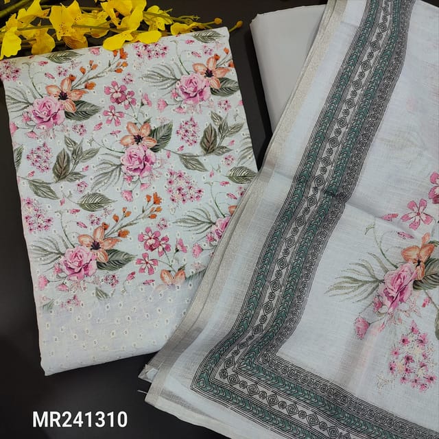 CODE MR241310 :  Pastel blue soft silk cotton unstitched salwar material,printed work on yoke,rich schiffly embroidery on front(soft,lining needed)matching silky bottom,linen cotton dupatta with tapings.