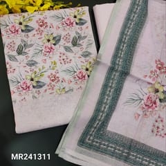 CODE MR241311 :  Lavender soft silk cotton unstitched salwar material,printed work on yoke,rich schiffly embroidery on front(soft,lining needed)matching silky bottom,linen cotton dupatta with tapings.