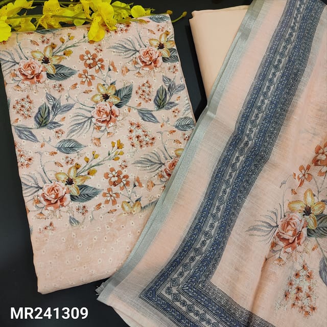 CODE MR241309 :  Pastel pink soft silk cotton unstitched salwar material,printed work on yoke,rich schiffly embroidery on front(soft,lining needed)matching silky bottom,linen cotton dupatta with tapings.