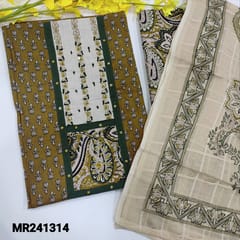 CODE MR241314 :  Mehandi green pure cotton unstitched salwar material,thread and sequins work on yoke(lining optional)pure cotton bottom with kalamkari printed,block printed mul cotton&self checked pattern dupatta with tapings.