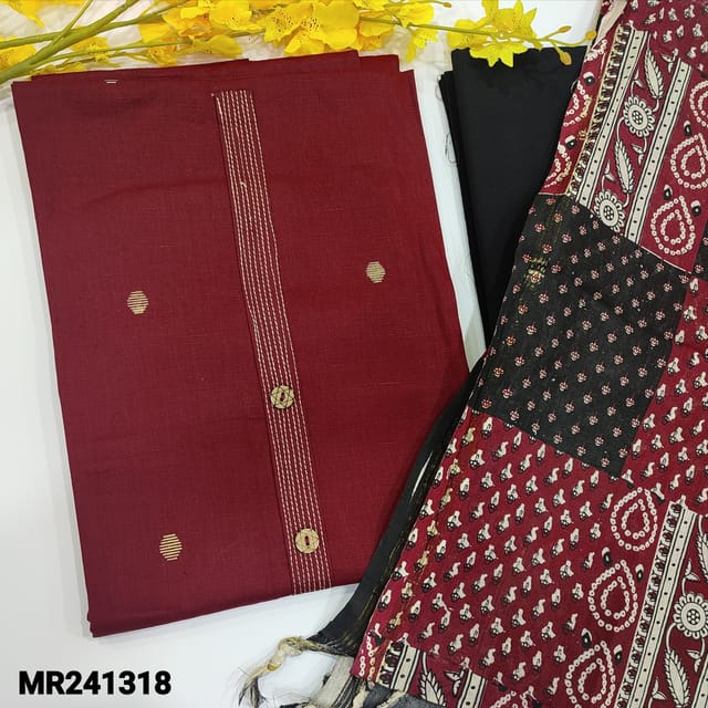 CODE MR241318 : Maroon pure cotton unstitched salwar material,thread detailing&wooden button on yoke,printed buttas on front(lining optional)black cotton bottom,hand block printed dupatta(TAPINGS REQUIRED)