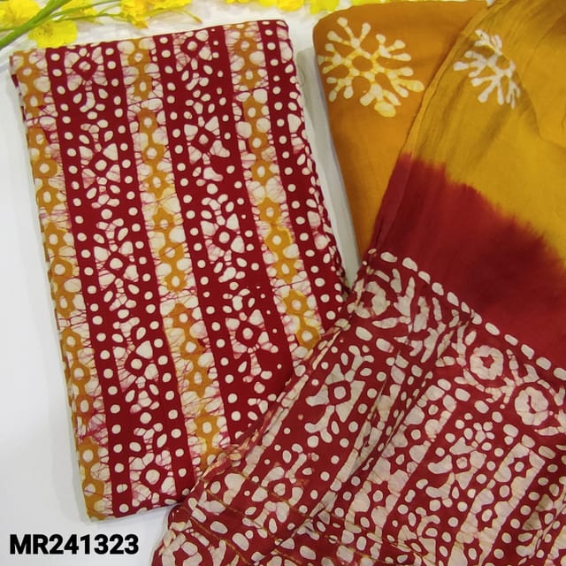 CODE MR241323 : Brick red base modal cotton unstitched salwar material,original wax batik vertical print all over(soft,lining needed)contrast fenugreek yellow modal bottom,fancy soft cotton dual shaded dupatta(TAPINGS REQUIRED).