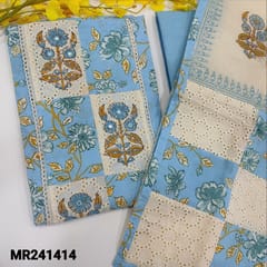 CODE MR241414 : Sky blue premium cotton unstitched salwar material,patch work on yoke with faux mirror&sequins work(lining provided)NO BOTTOM,designer kota silk cotton dupatta,block printed&patch work.with tapins.