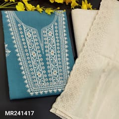 CODE MR241417 : Denim blue premium soft slub cotton unstitched salwar material, embroidery work on yoke&front(thin,lining needed)jute flex cotton bottom,pure mul cotton dupatta with self embroidery and cut work edges.