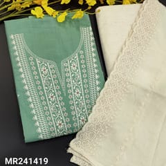 CODE MR241419 : Pastel green premium soft slub cotton unstitched salwar material, embroidery work on yoke&front(thin,lining needed)jute flex cotton bottom,pure mul cotton dupatta with self embroidery and cut work edges.