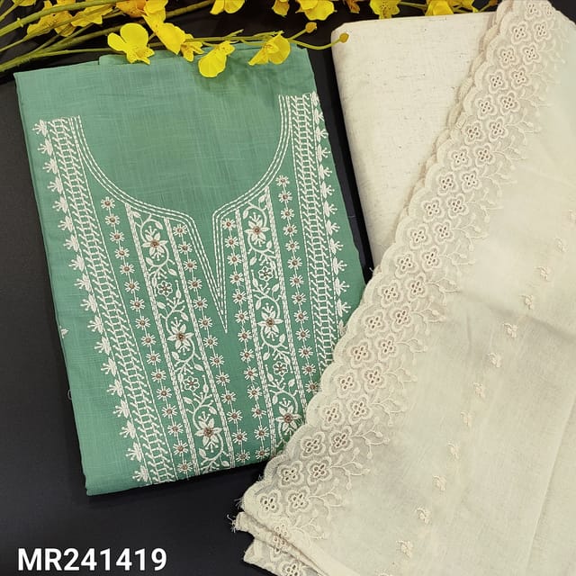 CODE MR241419 : Pastel green premium soft slub cotton unstitched salwar material, embroidery work on yoke&front(thin,lining needed)jute flex cotton bottom,pure mul cotton dupatta with self embroidery and cut work edges.