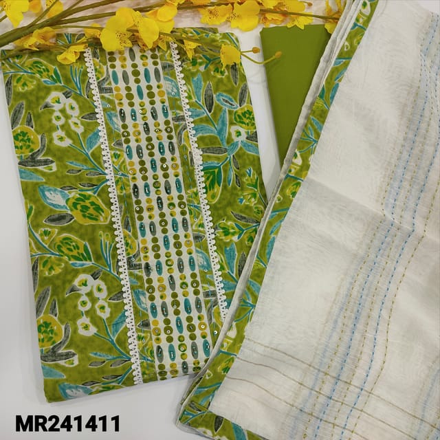 CODE MR241411 : Bright green premium cotton unstitched salwar material,tiny bead&lace work on yoke,multi color print all over(lining optional)matching cotton bottom,soft silk cotton kantha stitch work dupatta with tapings.