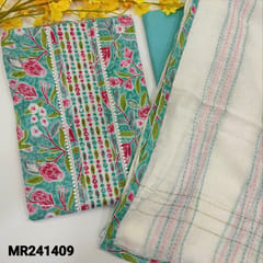 CODE MR241409 : Blue premium cotton unstitched salwar material,tiny bead&lace work on yoke,multi color print all over(lining optional)matching cotton bottom,soft silk cotton kantha stitch work dupatta with tapings.