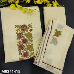 CODE MR241415 : Rich ivory kota silk cotton unstitched salwar material,cross stitch embroidery on yoke(lining povided)contrast piping on daman,NO BOTTOM,floral cross stitch embroidery dupatta with tapins