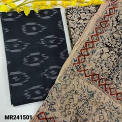 CODE MR241501 : Navy blue ikat woven pure cotton unstitched salwar material(lining optional)hand block printed kalamkari cotton bottom,hand block printed kalamkari mul cotton dupatta(TAPINGS REQUIRED).