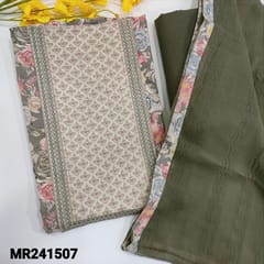 CODE MR241507 : Grey base printed cotton unstitched salwar material,embroidery and sequins work on yoke(lining optional)grey cotton bottom, chiffon self embroidered dupatta with tapings.