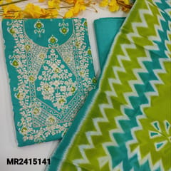 CODE MR2415141 : Blue premium cotton unstitched salwar material,embroidered on yoke,floral printed all over(lining provided)NO BOTTOM,mul cotton dupatta with geometrical prints.