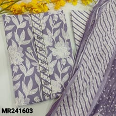 CODE MR241603 : Lavender shade soft cotton unstitched salwar material,bead&thread work on yoke,floral print all over(lining optional)matching printed cotton bottom,soft crinkled pure cotton dupatta with gota lace tapings.