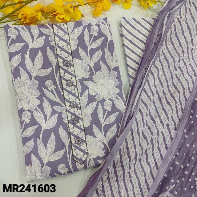 CODE MR241603 : Lavender shade soft cotton unstitched salwar material,bead&thread work on yoke,floral print all over(lining optional)matching printed cotton bottom,soft crinkled pure cotton dupatta with gota lace tapings.