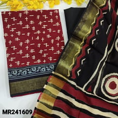 CODE MR241609 : Maroon cotton unstitched salwar material,printed all over(lining needed)gold tissue border on daman,blackcotton bottom,cotton dupatta with gold tissue border(TAPINGS REQUIRED).