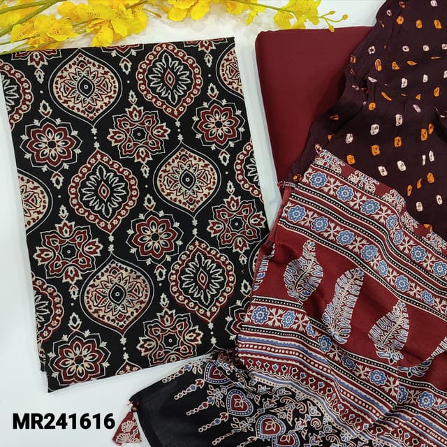 CODE MR241616 : Black pure cotton unstitched salwar material,ajrak block printed all over(lining needed)maroon pure soft drum dyed cotton bottom,bandhini&ajrak pinted dupatta with hand made tassles.