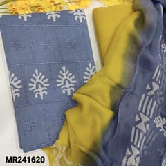 CODE MR241620 : Powder blue original wax batik dyed pure cotton unstitched salwar material(thin,soft,lining needed)embroidery on front,Mehandi yellow drum dyed pure soft cotton bottom,wax batik dyed dual shaded chiffon dupatta.
