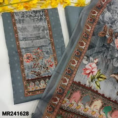 CODE MR241628 : Grey soft cotton unstitched salwar material,floral design on yoke with zardisi and thread detailing(lining provided)printed daman border,NO BOTTOM,floral printed soft mixed cotton dupatta.