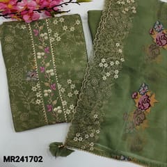 CODE MR241702 : Green with golden tint tissue organza silk unstitched salwar material,rich work on yoke(shiny,lining needed)heavy zari work on front with cross stitch embroidery,matching santoon bottom,organza dupatta with embroidery&cut work edges.