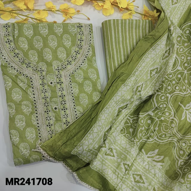 CODE MR241708 : Light green pure cotton unstitched salwar material,embroidered on yoke,printed all over(lining optional)fancy lace work on daman,printed cotton bottom,crinkled mul cotton dupatta with lace tapings.