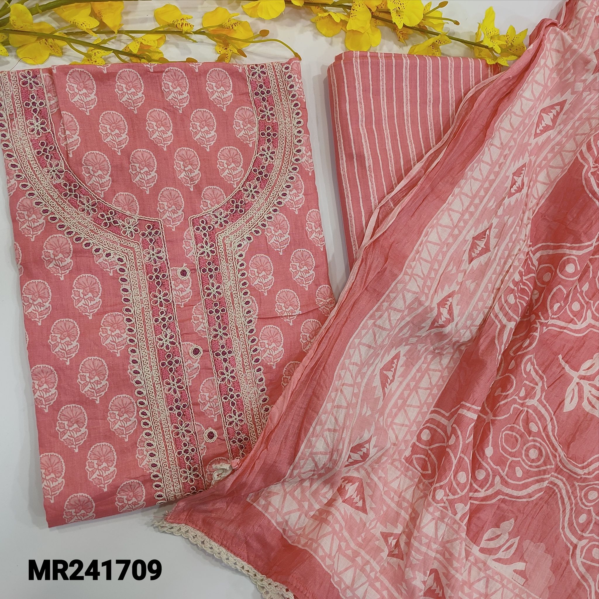 CODE MR241709 : Pink pure cotton unstitched salwar material,embroidered on  yoke,printed all over(lining optional)fancy lace work on daman,printed