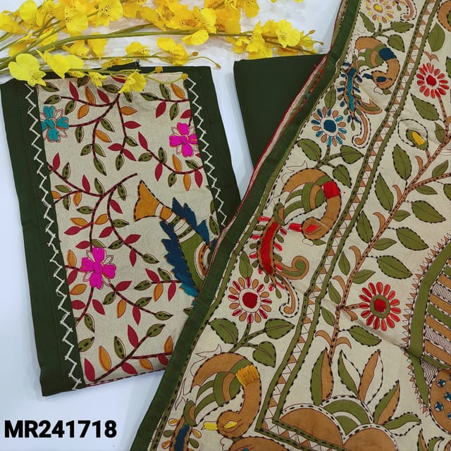 CODE MR241718 : Dark olive green satin cotton unstitched salwar material,kantha stitch&thread embroidery on yoke(lining optional)matching bottom,silk cotton hand paint&embroidered dupatta with tapings.