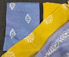 CODE MR2416200 : Powder blue original wax batik dyed pure cotton unstitched salwar material(thin,soft,lining needed)embroidery on front,Mehandi yellow drum dyed pure soft cotton bottom,wax batik dyed dual shaded chiffon dupatta.