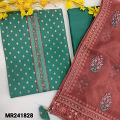 CODE MR241828 : Turquoise blue premium silk cotton unstitched salwar material,zari woven buttas on front,embroidery on yoke(thin,lining needed)matching santoon bottom,dark onion pink fancy organza dupatta with embroidery and rich tapings.