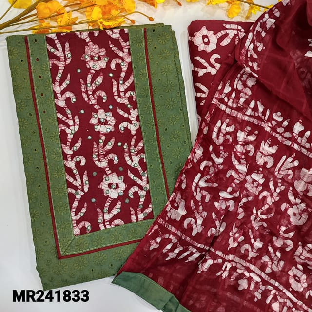 CODE MR241833 : Mossy green pure cotton schiffli embroidered unstitched salwar material,embroidery and cut work on front,wax batik dyed yoke patch(thin,lining needed)contrast maroon batik printed cotton bottom,,batik dyed multicolor cotton dupatta.