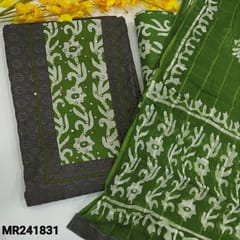 CODE MR241831 : Grey pure cotton schiffli embroidered unstitched salwar material,embroidery and cut work on front,wax batik dyed yoke patch(thin,lining needed)contrast mossy green batik printed cotton bottom,,batik dyed multicolor cotton dupatta.