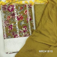 CODE MR241810 : Dark mehandi yellow floral printed satin cotton unstitched salwar material,vertical embroidery work on front,rich daman with cut work(thin,lining optinal)printed soft cotton bottom,ciffon dupatta with thread and sequins work.