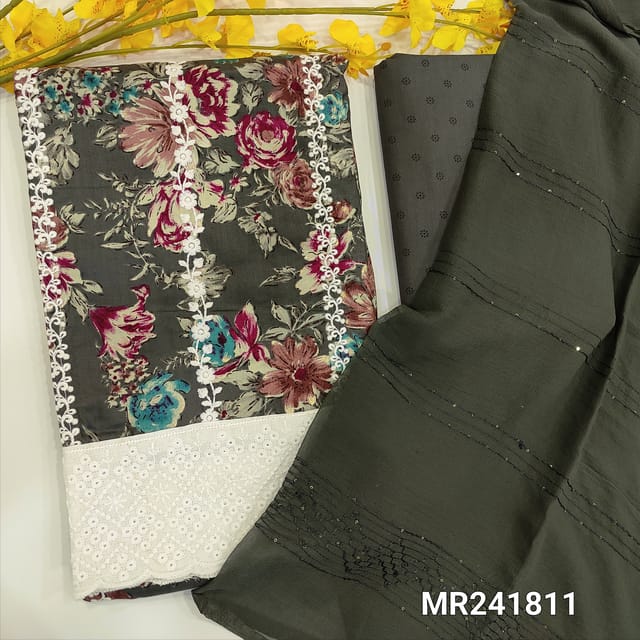 CODE MR241811 : Dark grey floral printed satin cotton unstitched salwar material,vertical embroidery work on front,rich daman with cut work(thin,lining optinal)printed soft cotton bottom,ciffon dupatta with thread and sequins work.