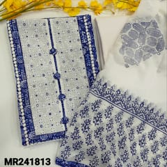 CODE MR241813 : Indigo blue pure cotton printed unstitched salwar material,faux mirror and lace work on yoke(thin,soft,lining optional)half white mixed cotton bottom,block printed chiffon dupatta with tapings.