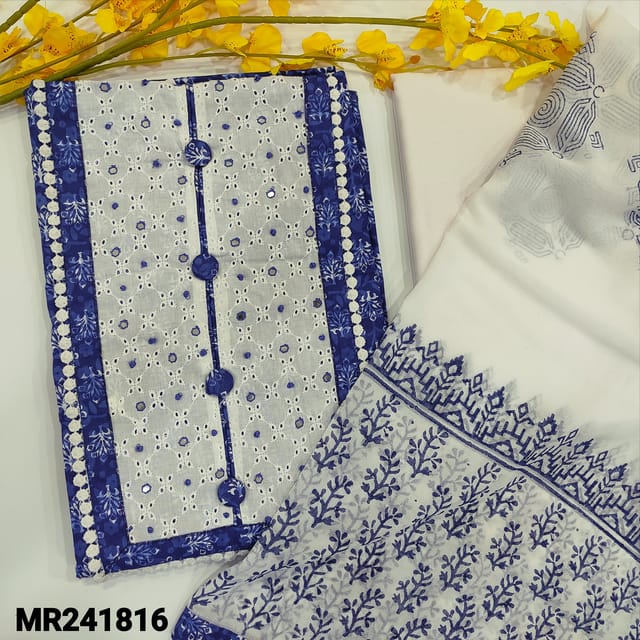 CODE MR241816 : Indigo blue pure cotton printed unstitched salwar material,faux mirror and lace work on yoke(thin,soft,lining optional)half white mixed cotton bottom,block printed chiffon dupatta with tapings.