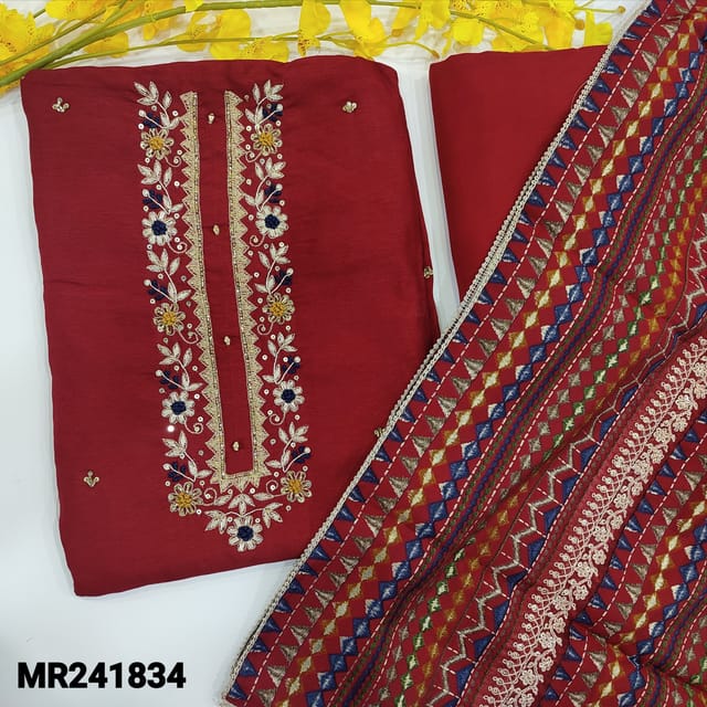 CODE MR241834 : Reddish maroon pure dola silk unstitched salwar material,tread,zari & sequins work on yoke and front(soft,silky,lining needed)matching santoon bottom,multicolored digital printed dola silk dupatta with zari work and lace tapings.