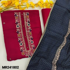 CODE MR241802 : Dark pink pure dola silk unstitched salwar material,tread,zari & sequins work on yoke and front(soft,silky,lining needed)matching santoon bottom,navy blue polka dots digital printed dola silk dupatta with zari work and lace tapings.