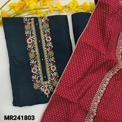 CODE MR241803 : Navy blue pure dola silk unstitched salwar material,tread,zari & sequins work on yoke and front(soft,silky,lining needed)matching santoon bottom,dark pink polka dots digital printed dola silk dupatta with zari work and lace tapings.