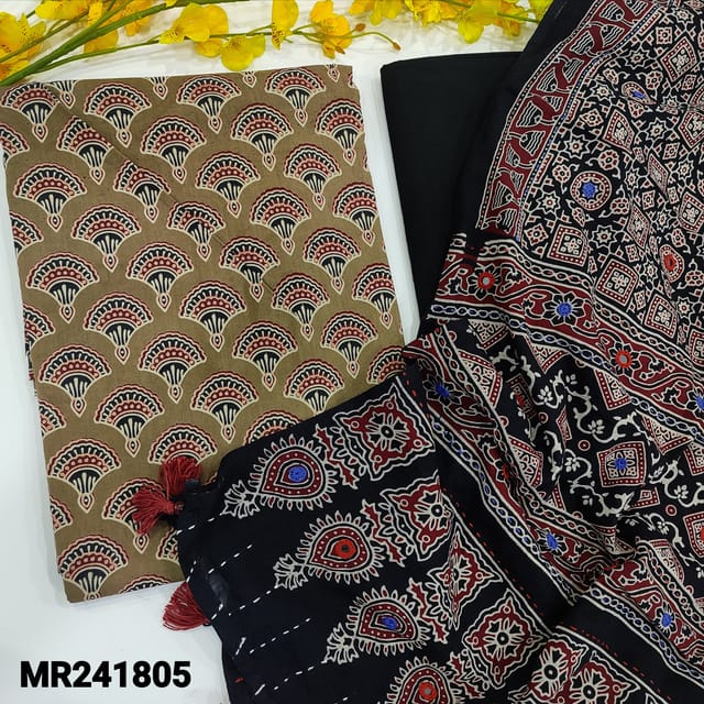 CODE MR241805 : Dark beige pure cotton unstitched salwar material,ajrak block printed all over(lining needed)black pure soft drum dyed cotton bottom,ajrak printed mul cotton dupatta with real mirror,kantha stitches and hand made tassles.
