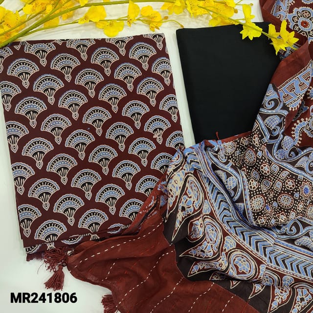 CODE MR241806 : Maroon pure cotton unstitched salwar material,ajrak block printed all over(lining needed)black pure soft drum dyed cotton bottom,ajrak printed mul cotton dupatta with real mirror,kantha stitches and hand made tassles.