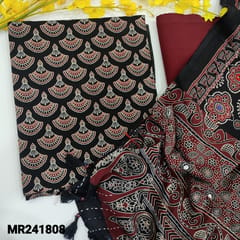 CODE MR241808 : Black pure cotton unstitched salwar material,ajrak block printed all over(lining needed)maroon pure soft drum dyed cotton bottom,ajrak printed mul cotton dupatta with real mirror,kantha stitches and hand made tassles.