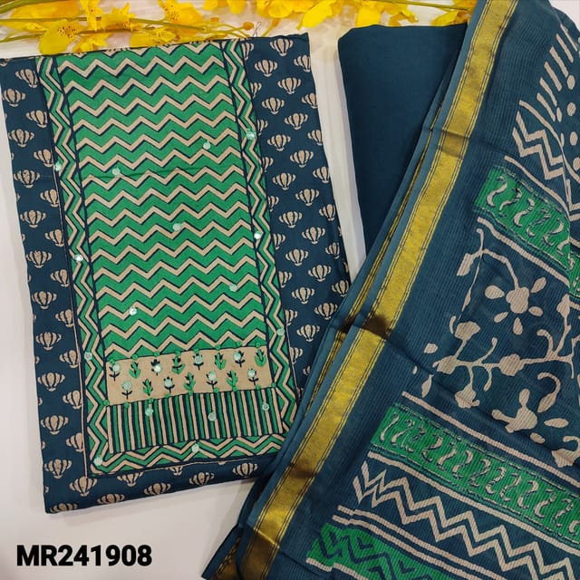 CODE MR241908 : Blue printed satin cotton unstitched salwar material,light turquoise green printed yoke with faux mirror and thread work(soft,lining optional)matching spun cotton bottom,pure kota cotton polka dots printed dupatta with tissue borders.