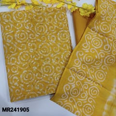 CODE MR241905 : Fenugreek yellow schiffli embroidered soft silk cotton wax batik dyed unstitched salwar material(thin,lining needed)matching slub cotton bottom,shibori dyed soft silk cotton dupatta.